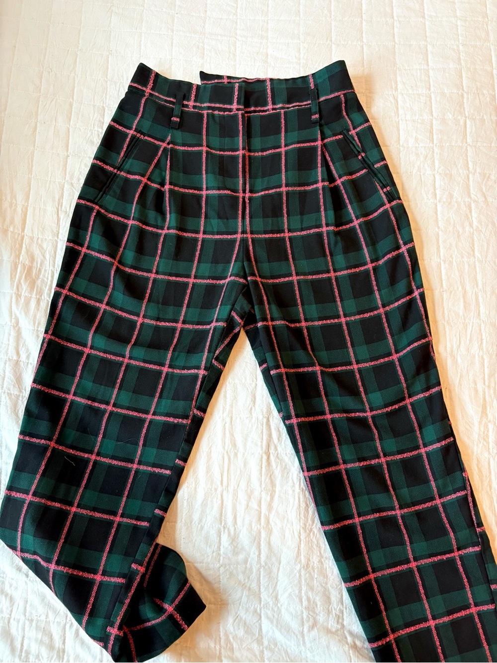 Topshop Green Pink Plaid Check High Waisted Trousers Size 4